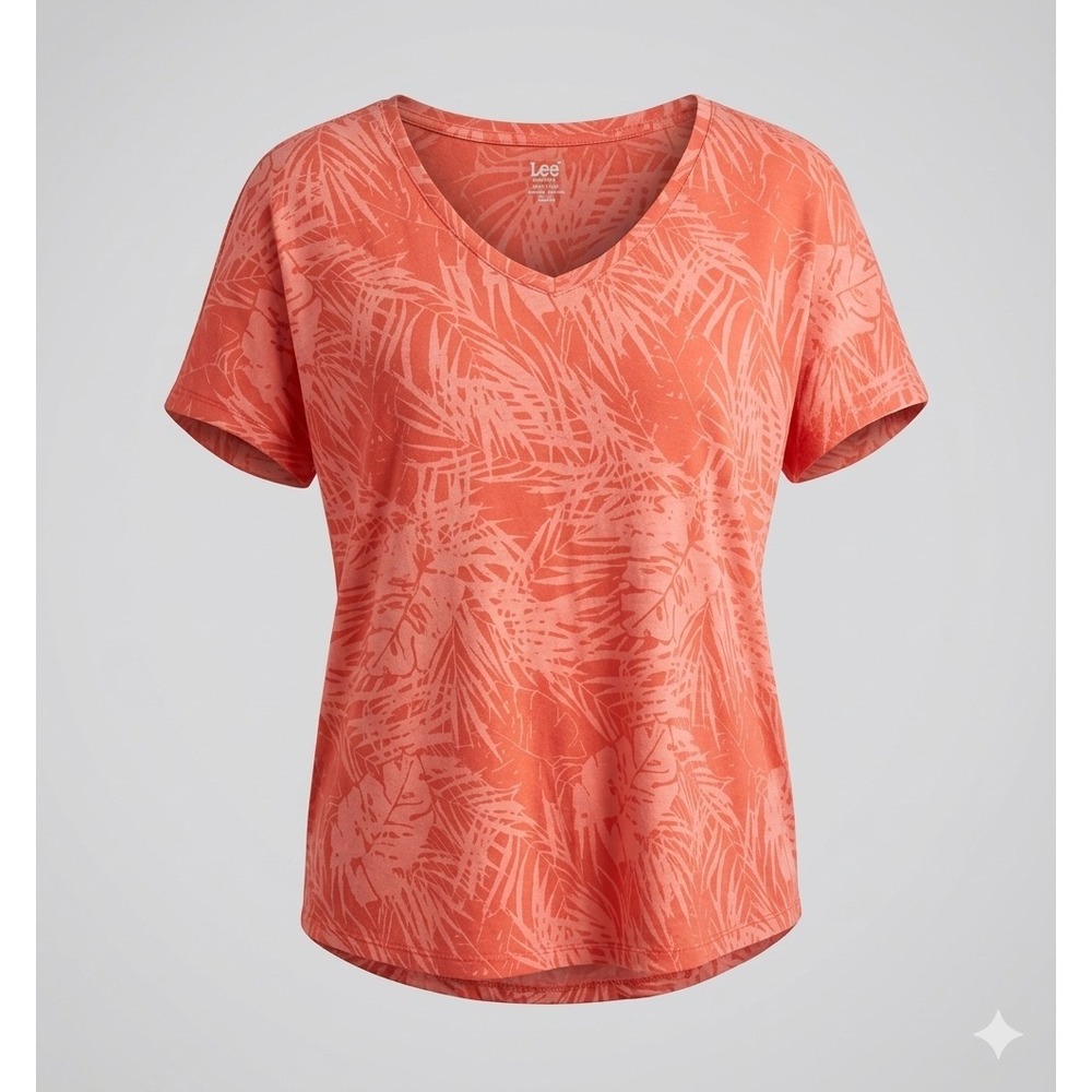 Joe Fresh Womens XL T-Shirt Coral Tropical Leaf Print Scoop Neck Resort Vacation